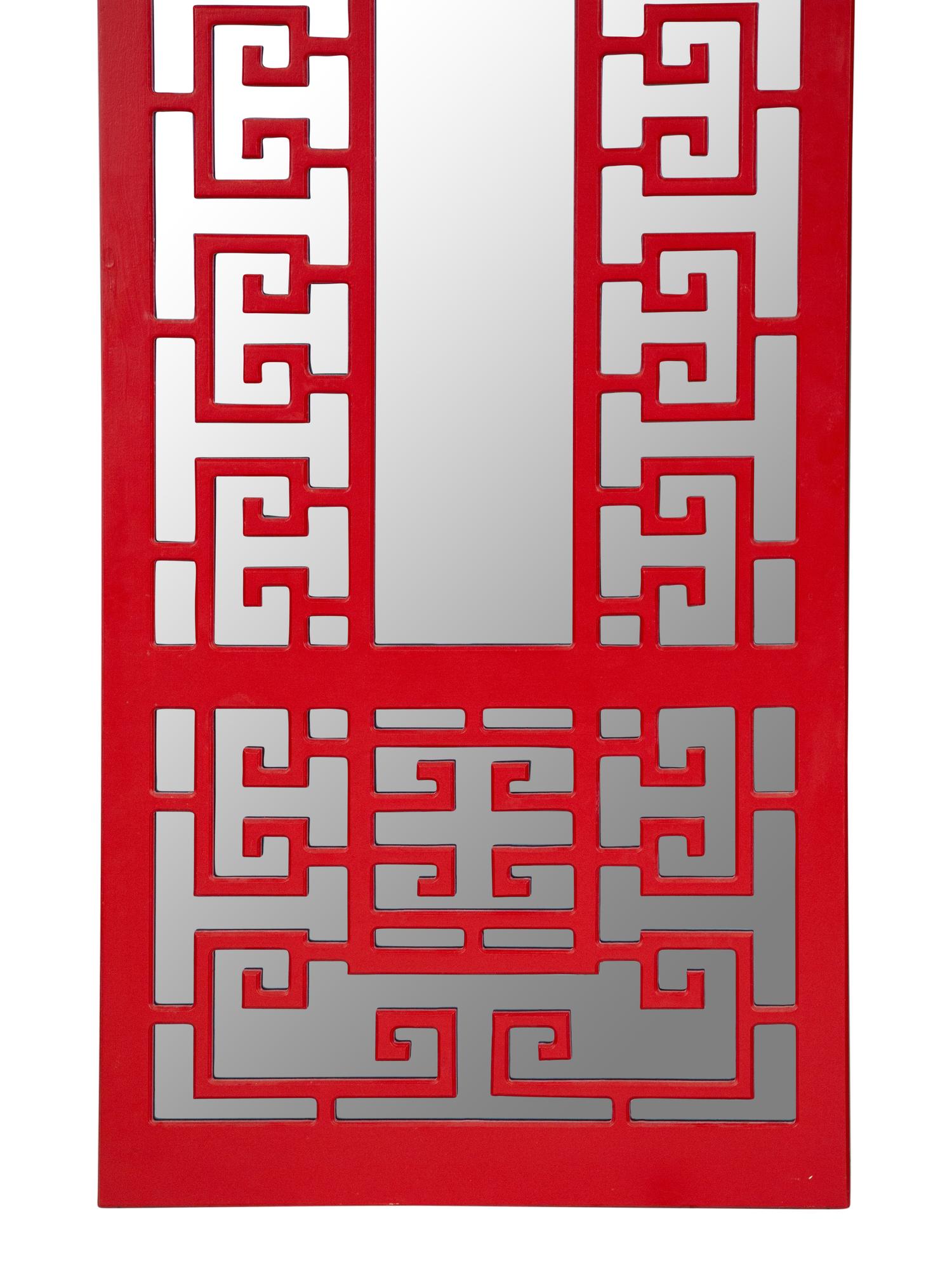 A Set of Four Red Lacquer Mirrored Wall Panels