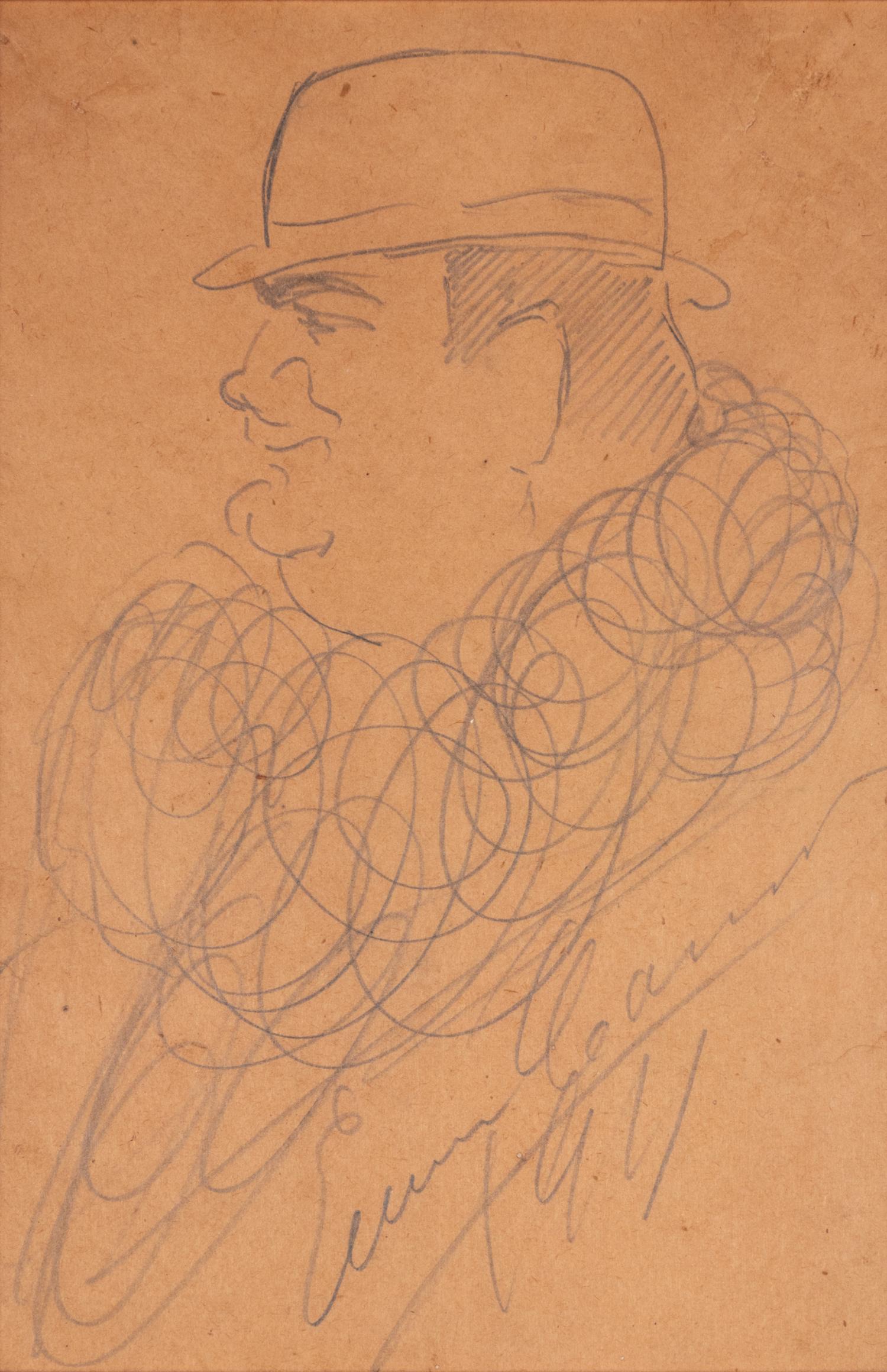 CARUSO, Enrico (1873-1921). Original drawing, profile self portrait caricature, in pencil, signed and dated lower right ("Enrico Caruso 1911").