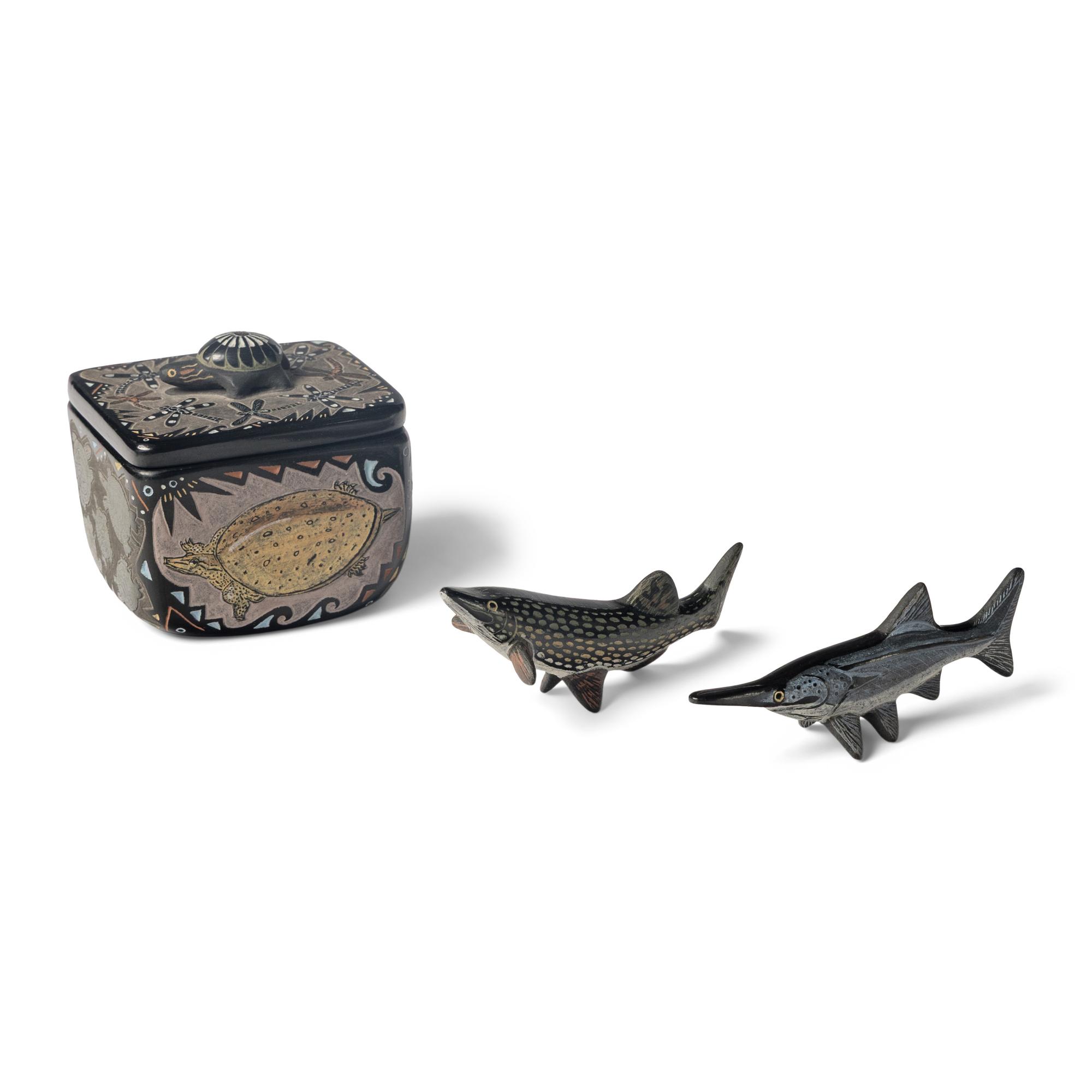 Jennifer Moquino (Santa Clara, b. 1977) — Sgraffito Pottery Box, Salmon, and Sturgeon