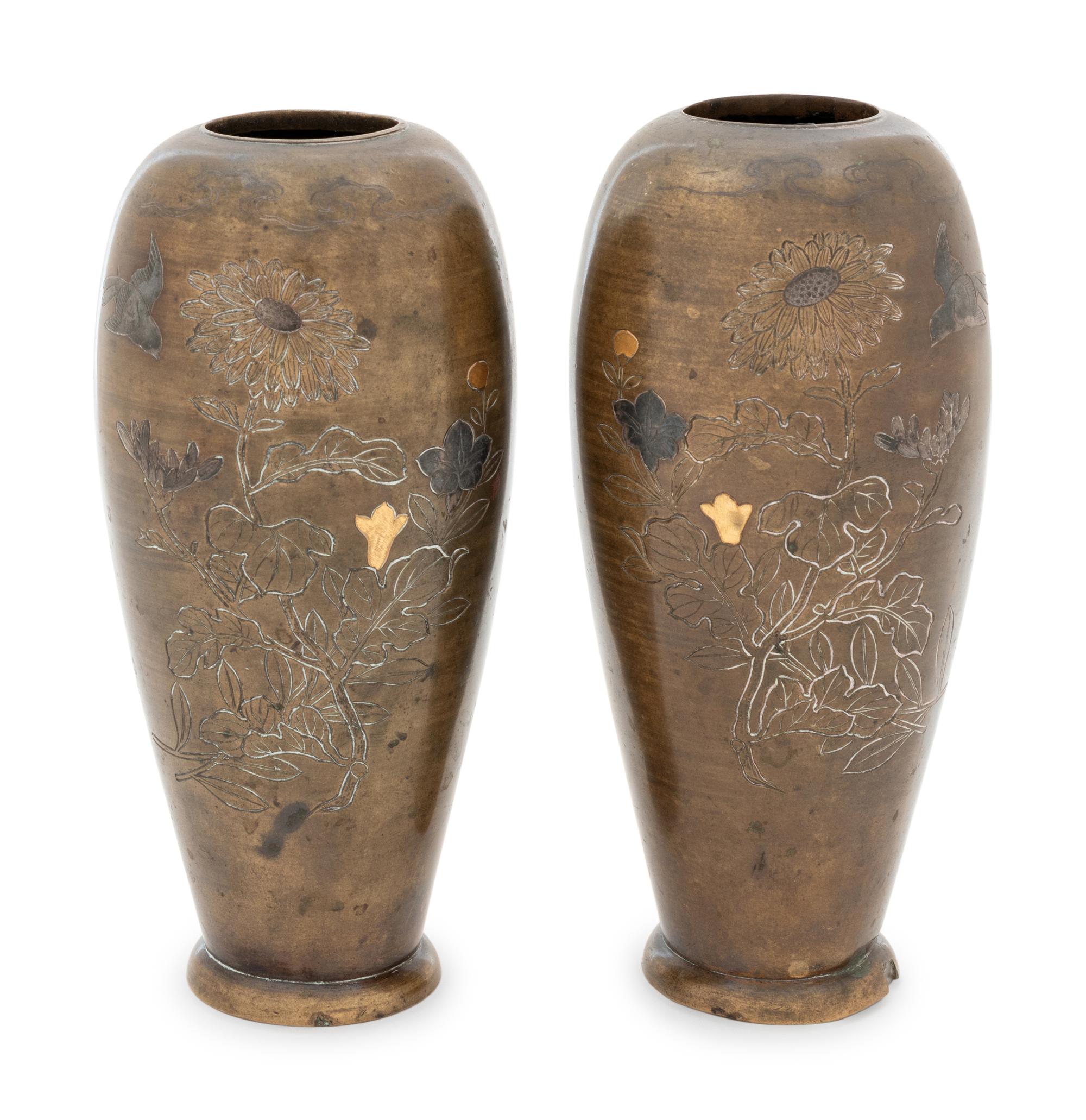 A Pair of Copper, Silver and Gold Inlaid Bronze Vases