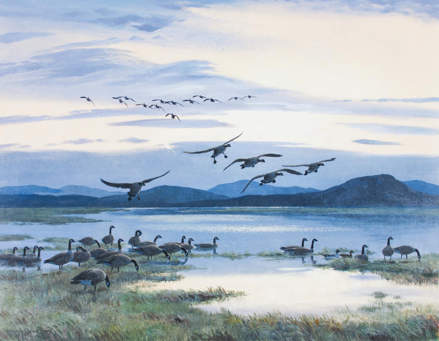Peter Markham Scott, (British, 1909-1989), Honkers Flighting Down River at Dusk, 1978