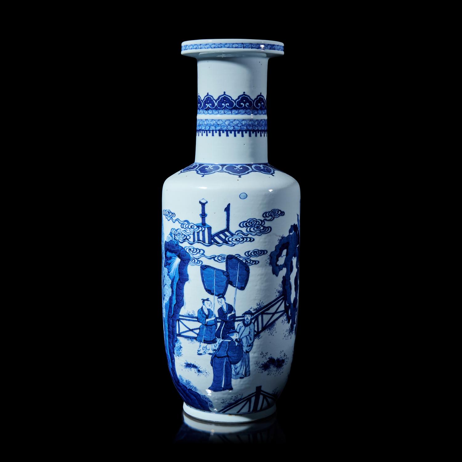 A Large Chinese Blue and White Porcelain Rouleau Vase 青花山水人物圖棒槌瓶
