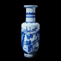 A Large Chinese Blue and White Porcelain Rouleau Vase 青花山水人物圖棒槌瓶