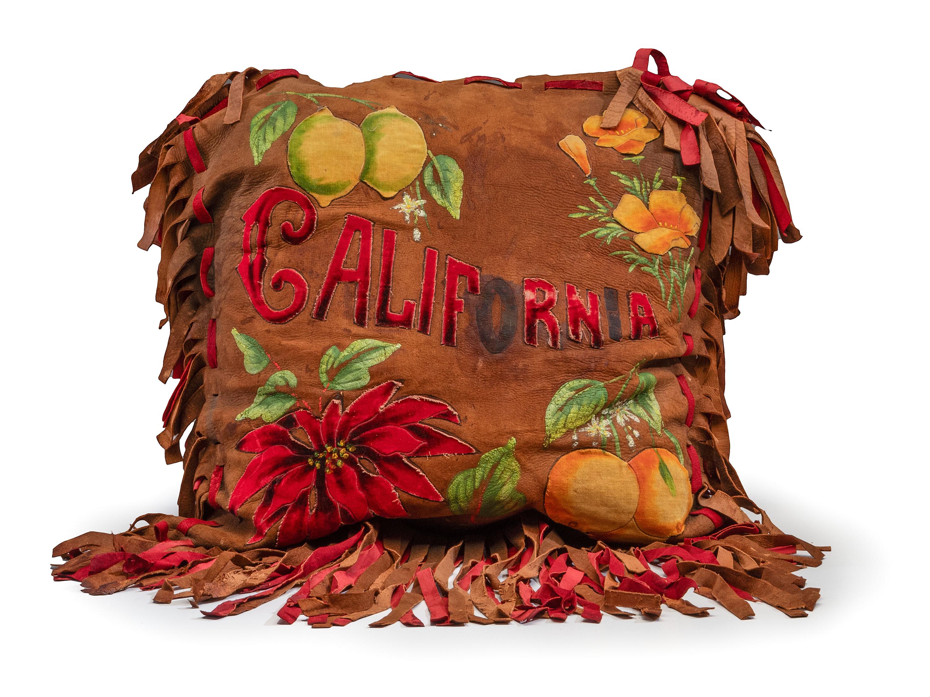 A Pair of California Arts and Crafts Painted and Appliqued Leather Pillows