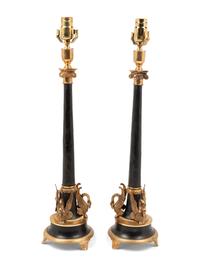 A Pair of Empire Style Gilt Metal Mounted Lamps
