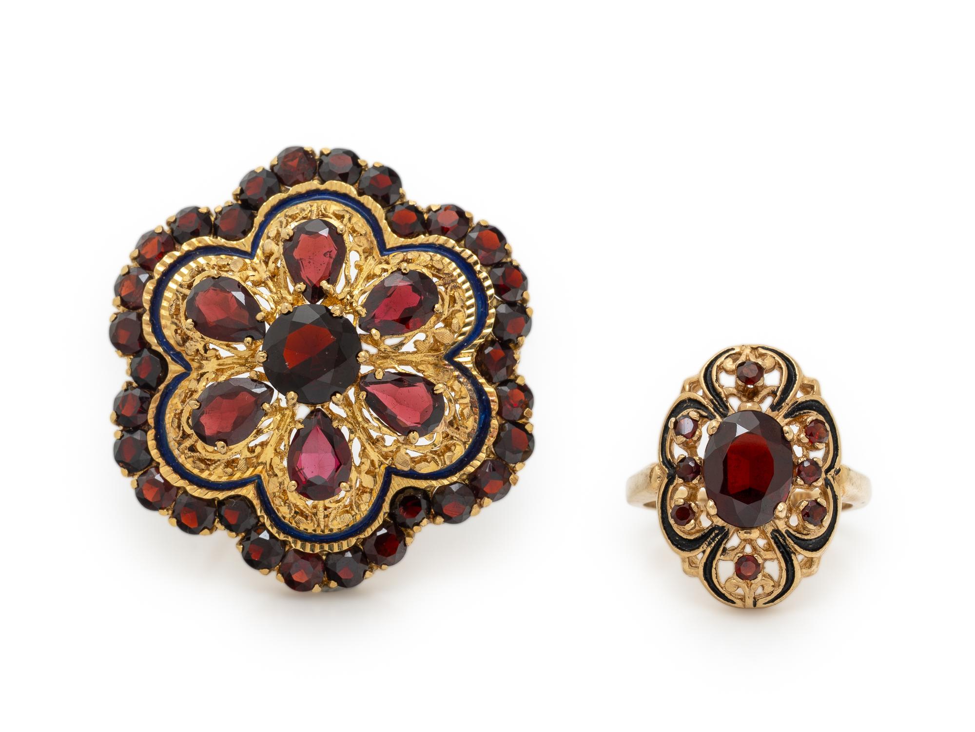 GARNET, ENAMEL, AND YELLOW GOLD BROOCH AND RING