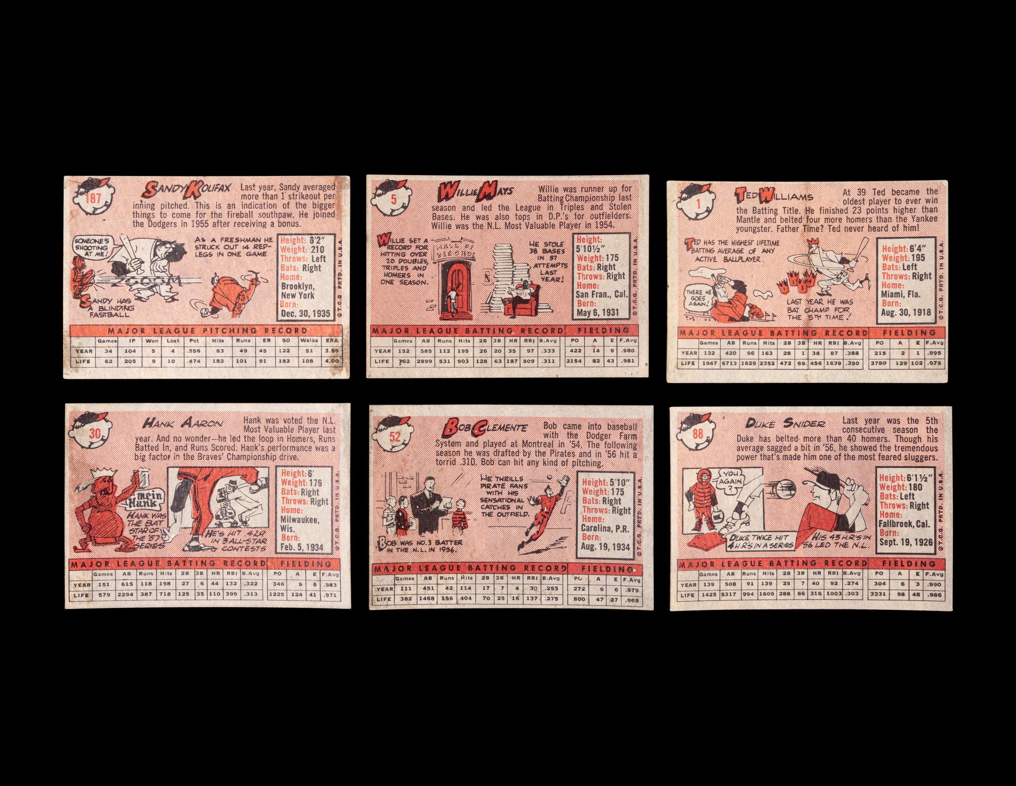 A Group of Six 1958 Topps Hall of Famer Baseball Cards,