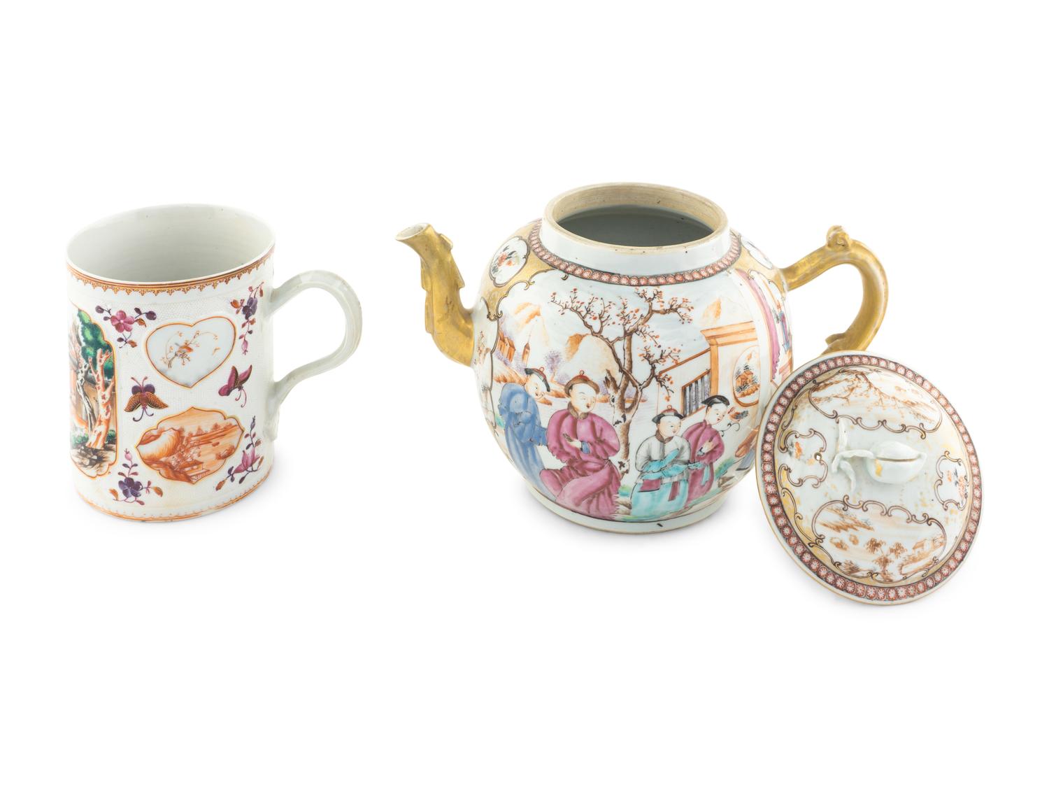 A Large Chinese Export Porcelain Teapot and a Similarly Decorated Export Porcelain Mug