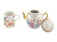 A Large Chinese Export Porcelain Teapot and a Similarly Decorated Export Porcelain Mug