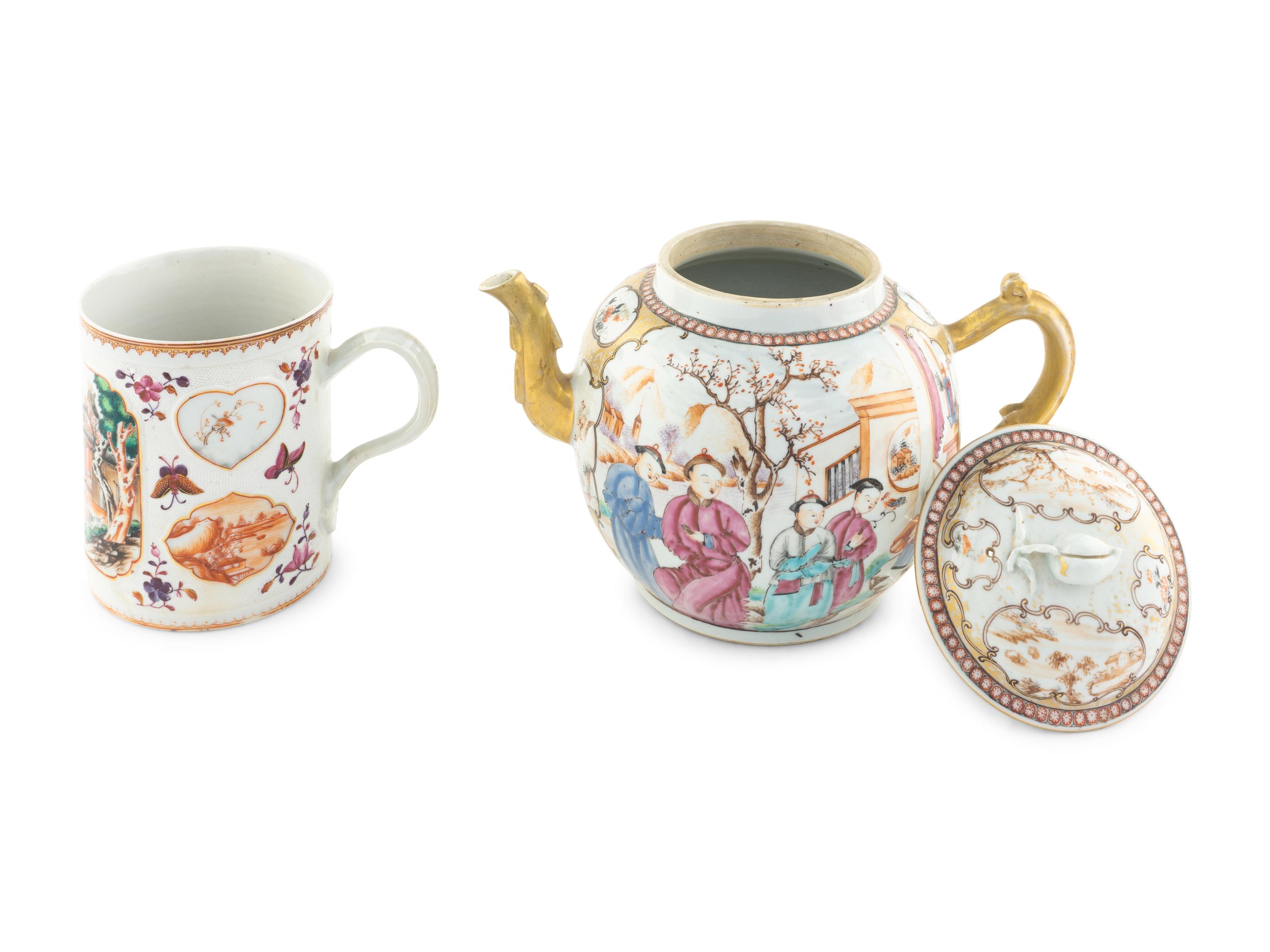 A Large Chinese Export Porcelain Teapot and a Similarly Decorated Export Porcelain Mug