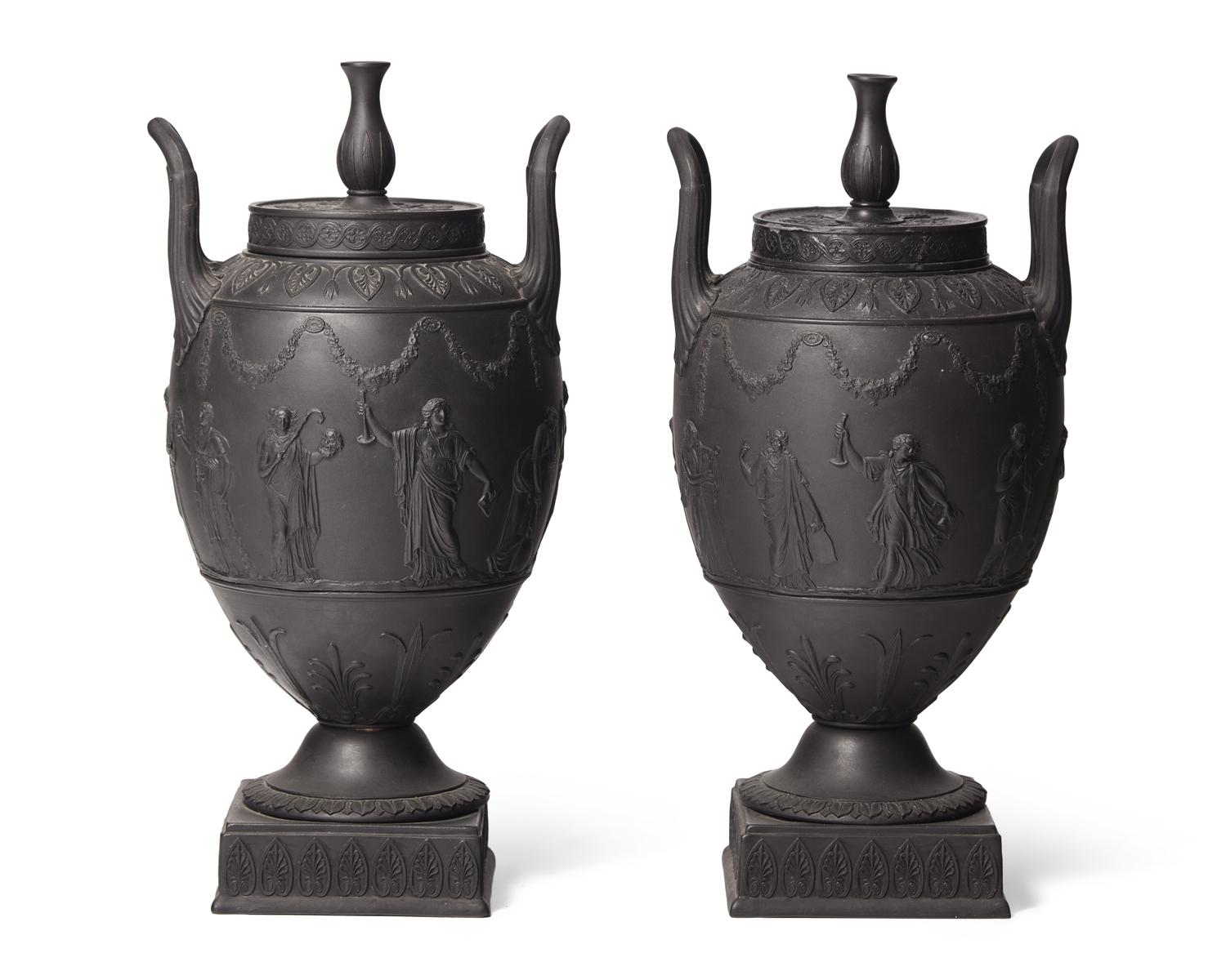 A Pair of Wedgwood Etruria Black Basalt Covered Urns