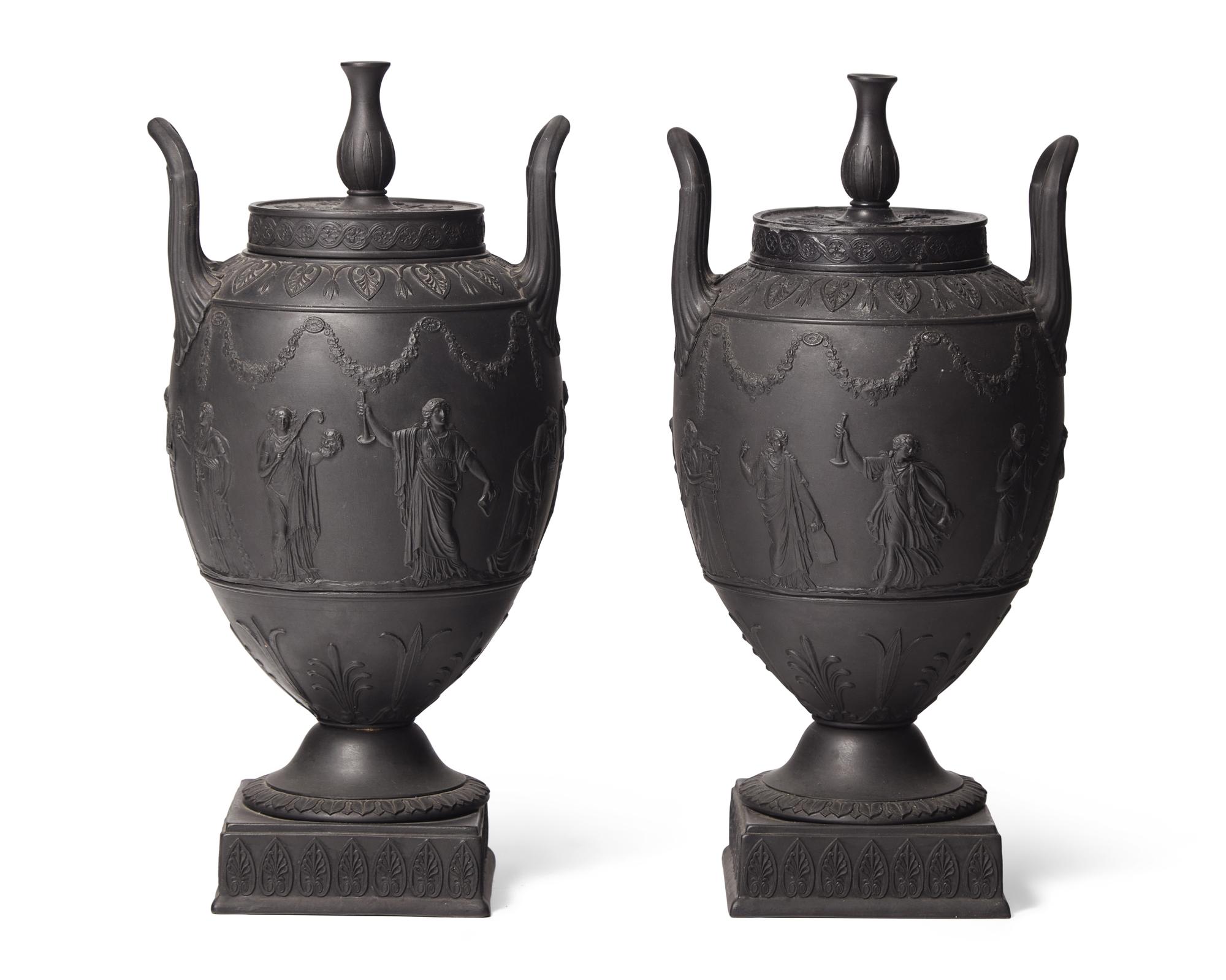 A Pair of Wedgwood Etruria Black Basalt Covered Urns