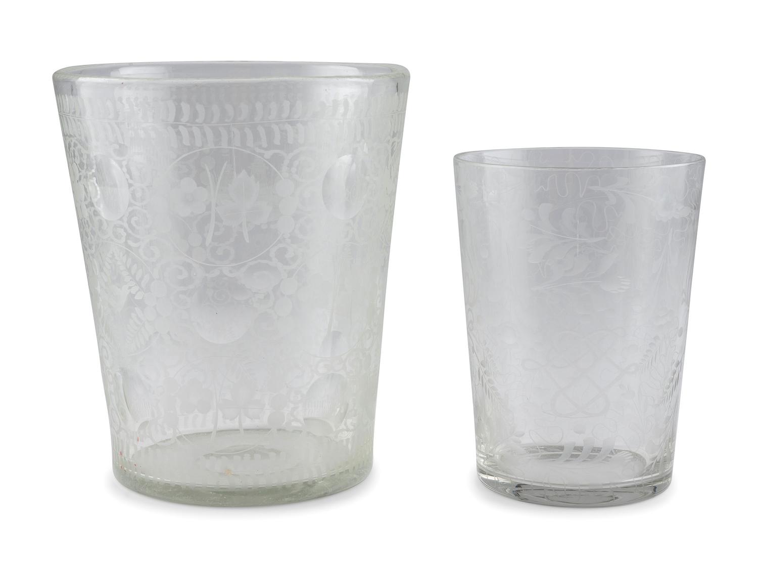 Two Blown and Etched Glass Beakers