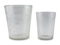 Two Blown and Etched Glass Beakers