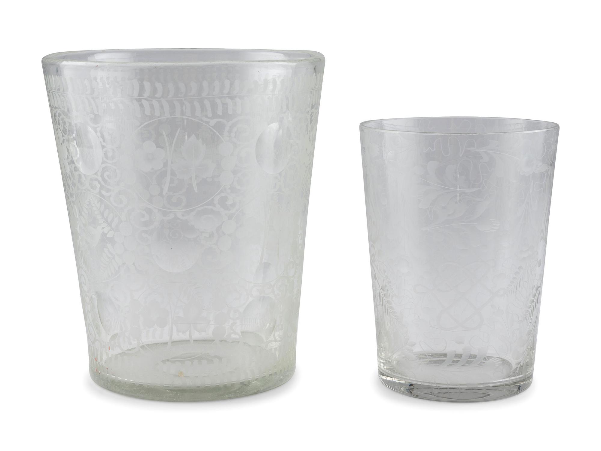 Two Blown and Etched Glass Beakers