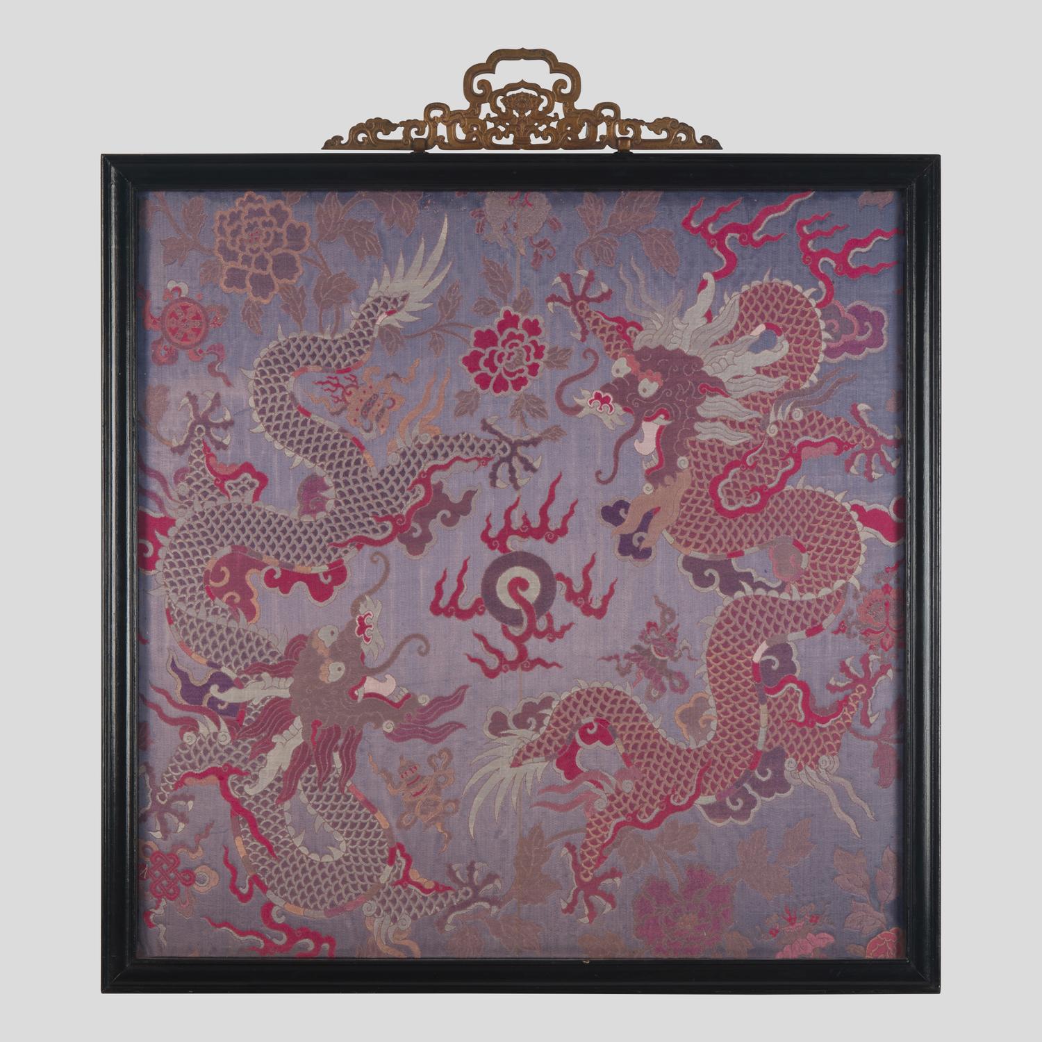A Large Chinese Woven Silk 'Dragon' Panel, 19th Century — 清中期 雙龍戲珠織錦鏡框