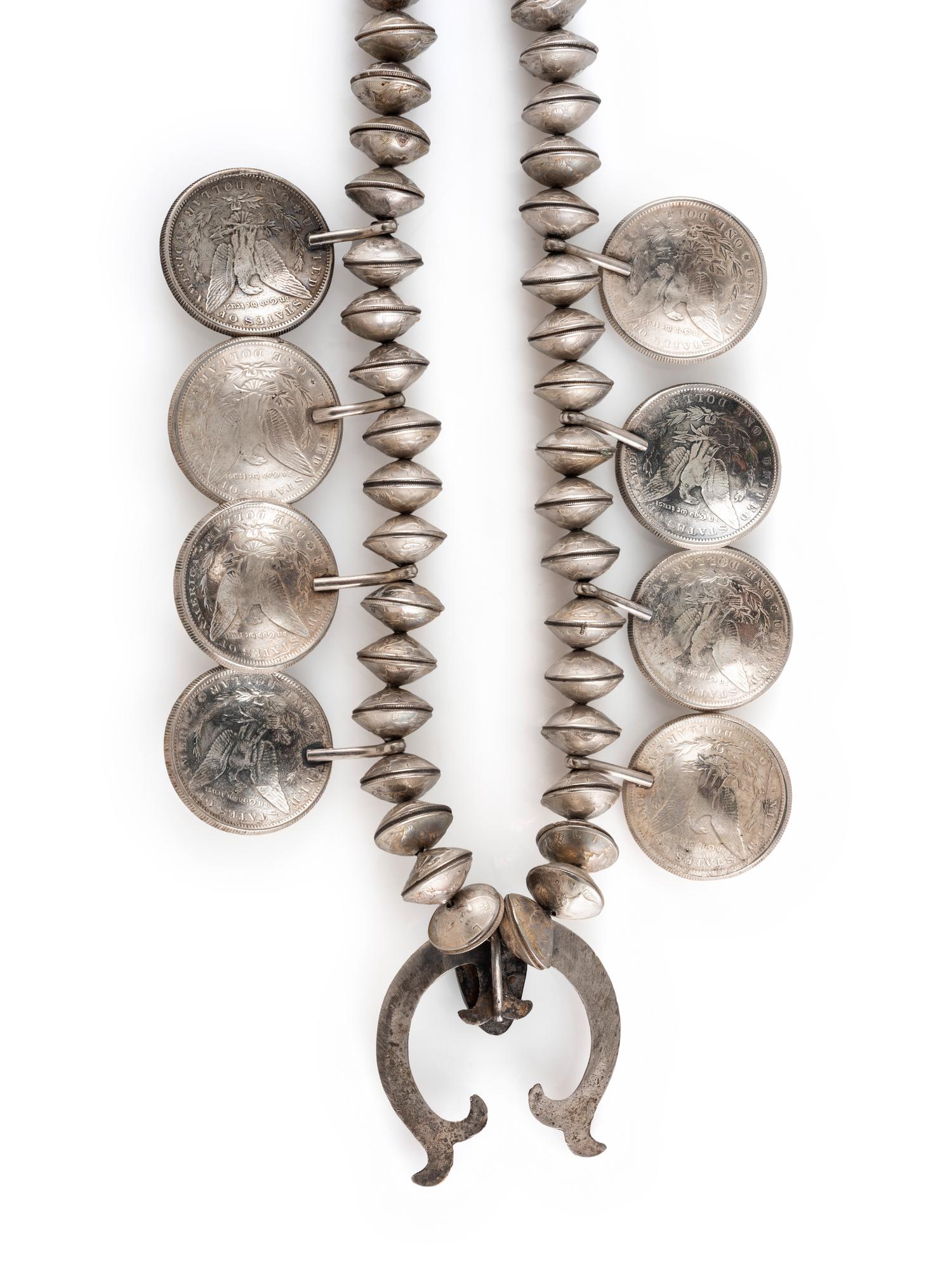 Navajo Turquoise, Liberty Dime, and Silver Dollar Squash Blossom Necklace