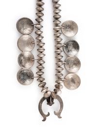 Navajo Turquoise, Liberty Dime, and Silver Dollar Squash Blossom Necklace