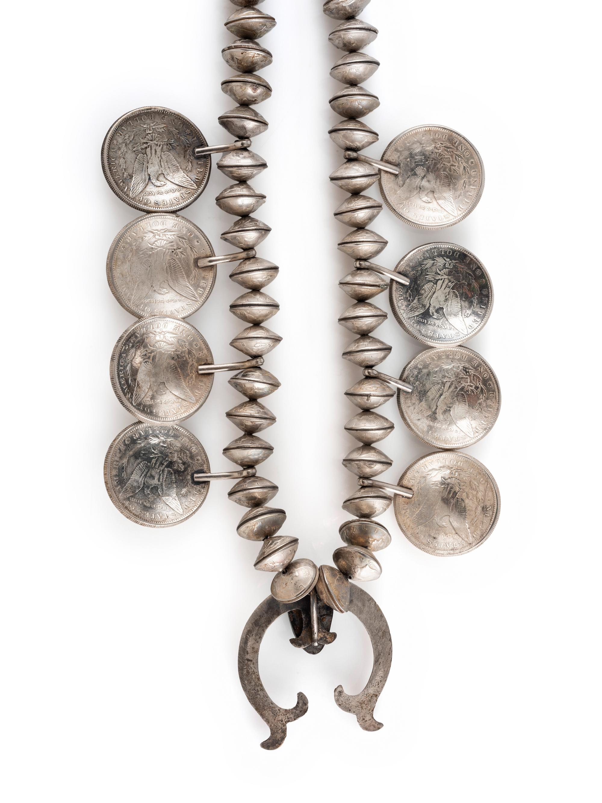 Navajo Turquoise, Liberty Dime, and Silver Dollar Squash Blossom Necklace