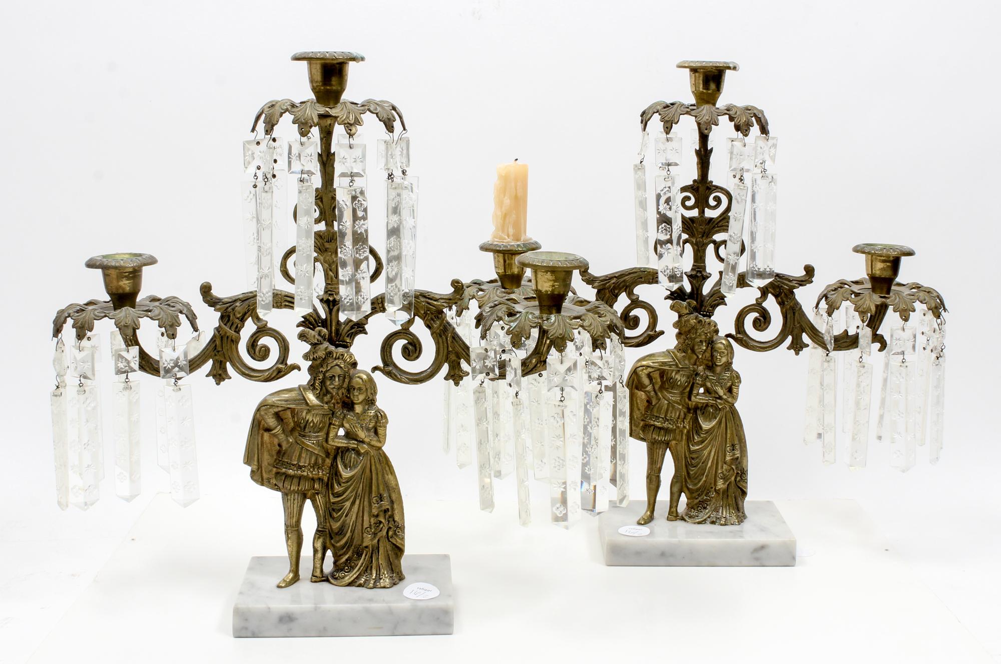 A Pair of Victorian Brass Three-Light Girandoles Height 15 1/2 inches.