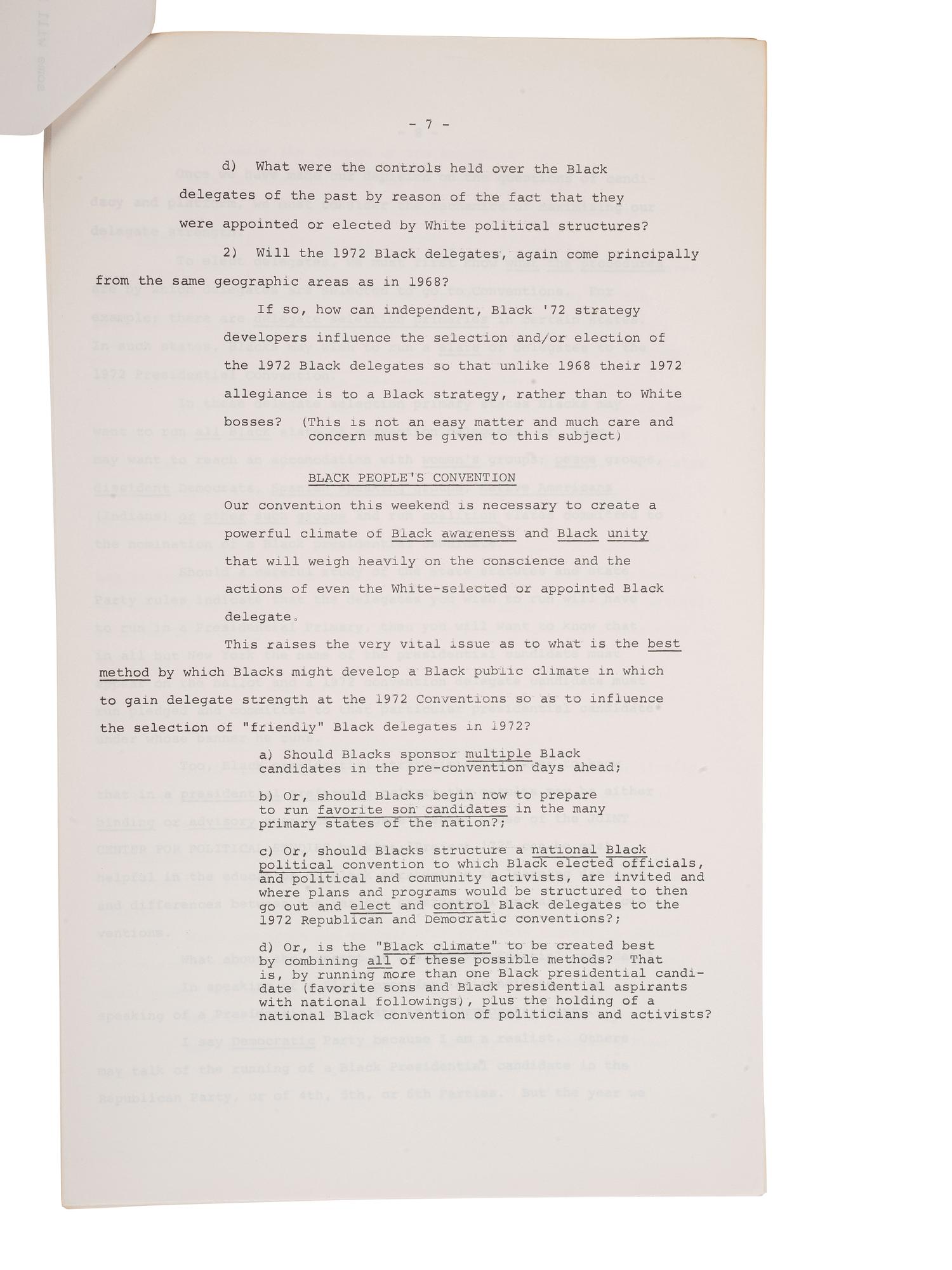[CIVIL RIGHTS] -- SUTTON, Percy E. (1920-2009). "A Strategy Paper" written for the National Black Political Convention. Gary, Indiana. 11 March 1972.
