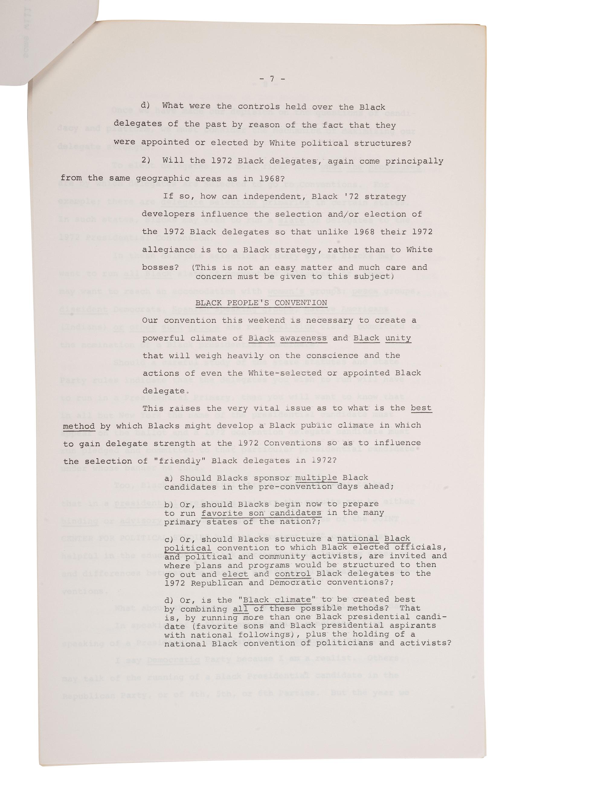 [CIVIL RIGHTS] -- SUTTON, Percy E. (1920-2009). "A Strategy Paper" written for the National Black Political Convention. Gary, Indiana. 11 March 1972.