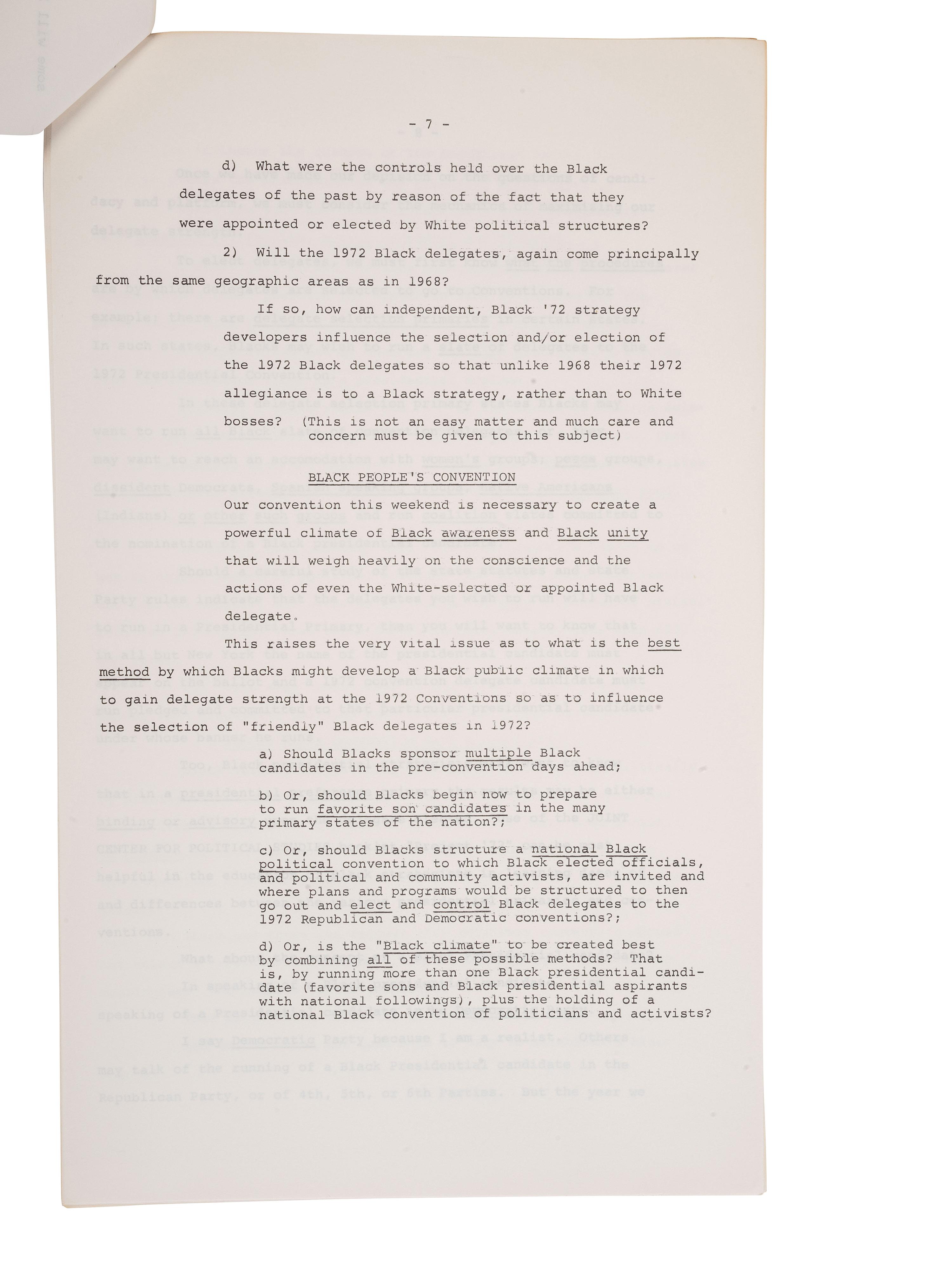 [CIVIL RIGHTS] -- SUTTON, Percy E. (1920-2009). "A Strategy Paper" written for the National Black Political Convention. Gary, Indiana. 11 March 1972.