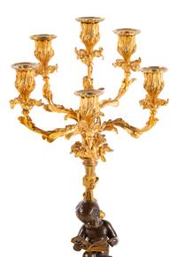 A Pair of Louis XVI Style Gilt and Patinated Bronze Six-Light Figural Candelabra
