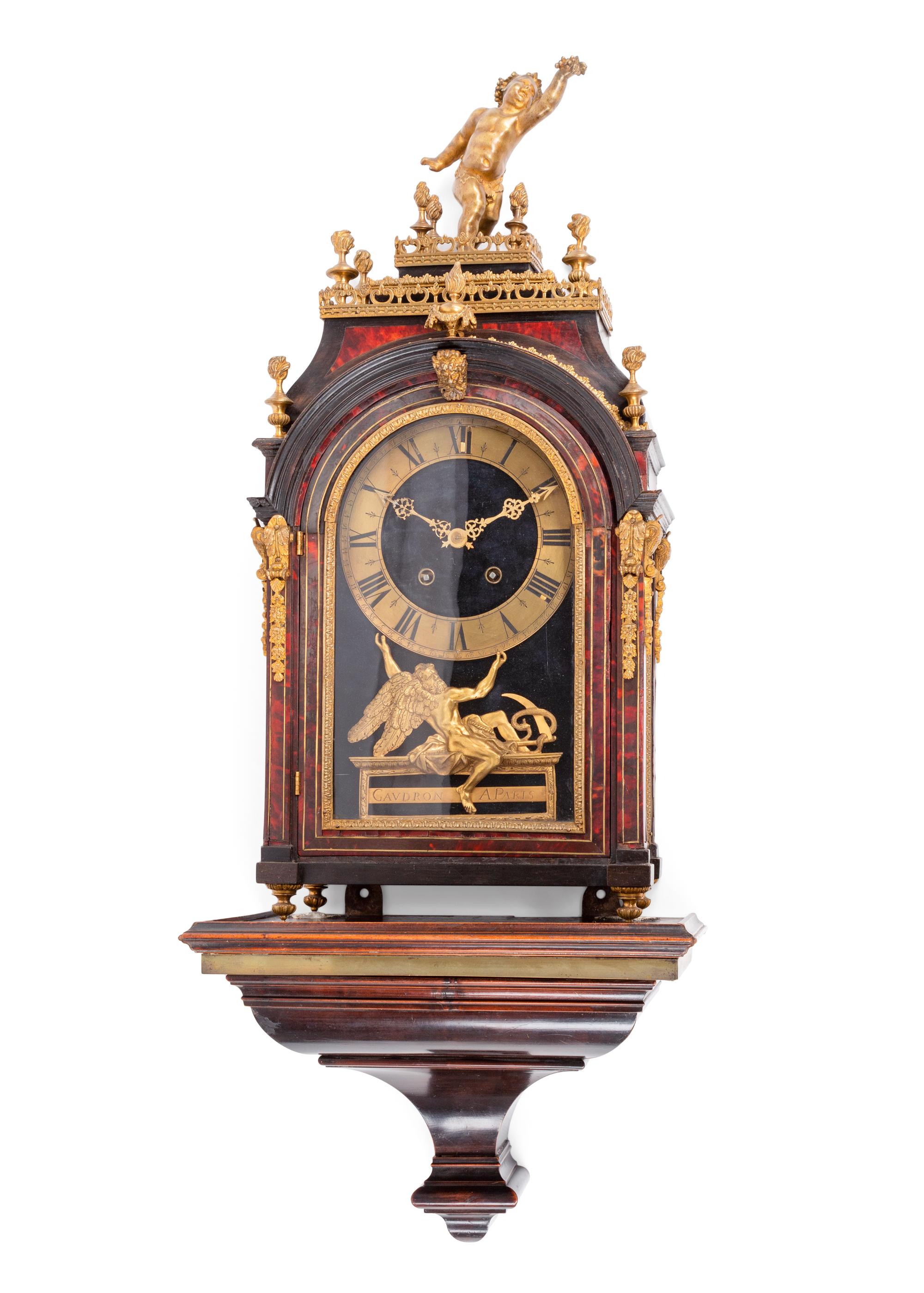 A Napoleon III Style Gilt Bronze and Red Tortoiseshell Bracket Clock with an Associated Bracket