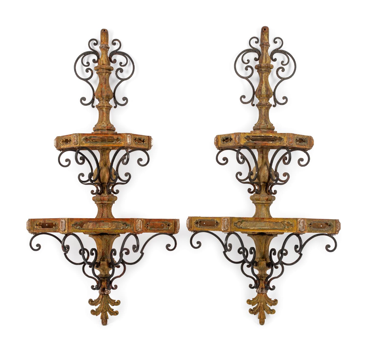 A Pair of Spanish Carved Wood and Wrought Iron Brackets