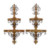 A Pair of Spanish Carved Wood and Wrought Iron Brackets