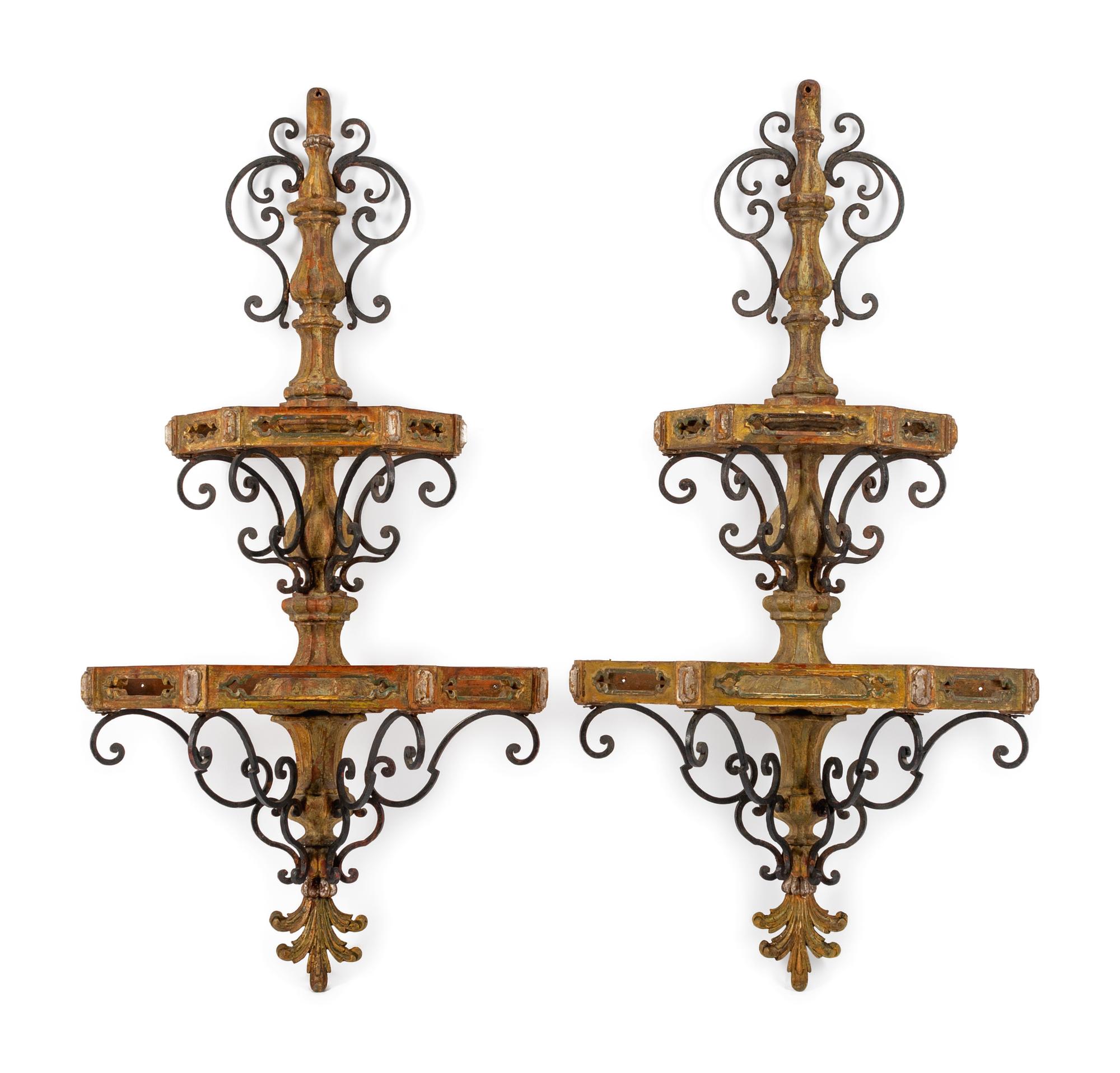 A Pair of Spanish Carved Wood and Wrought Iron Brackets