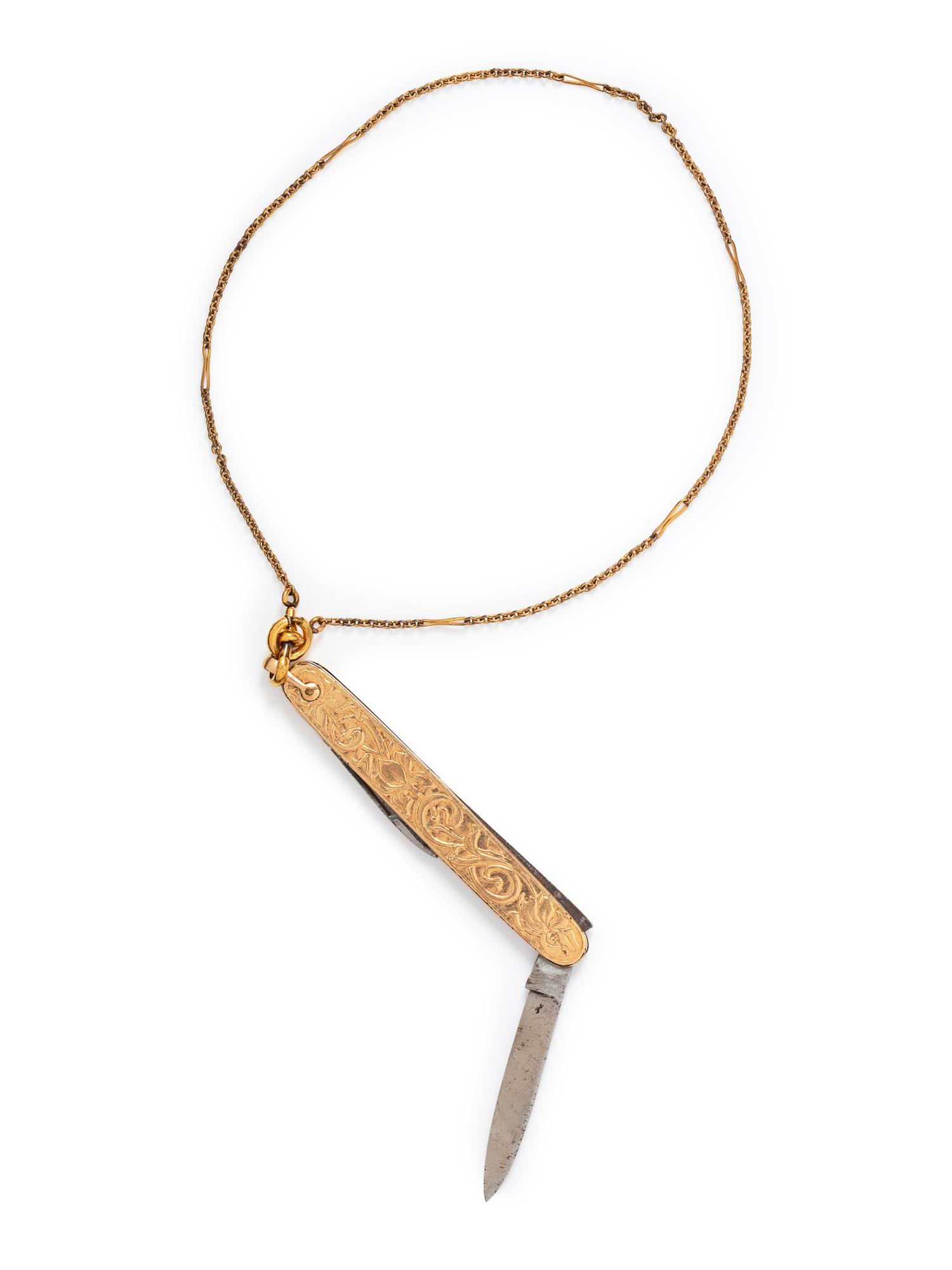 An Art Nouveau Gold Filled and Metal Pocket Knife on Chain,