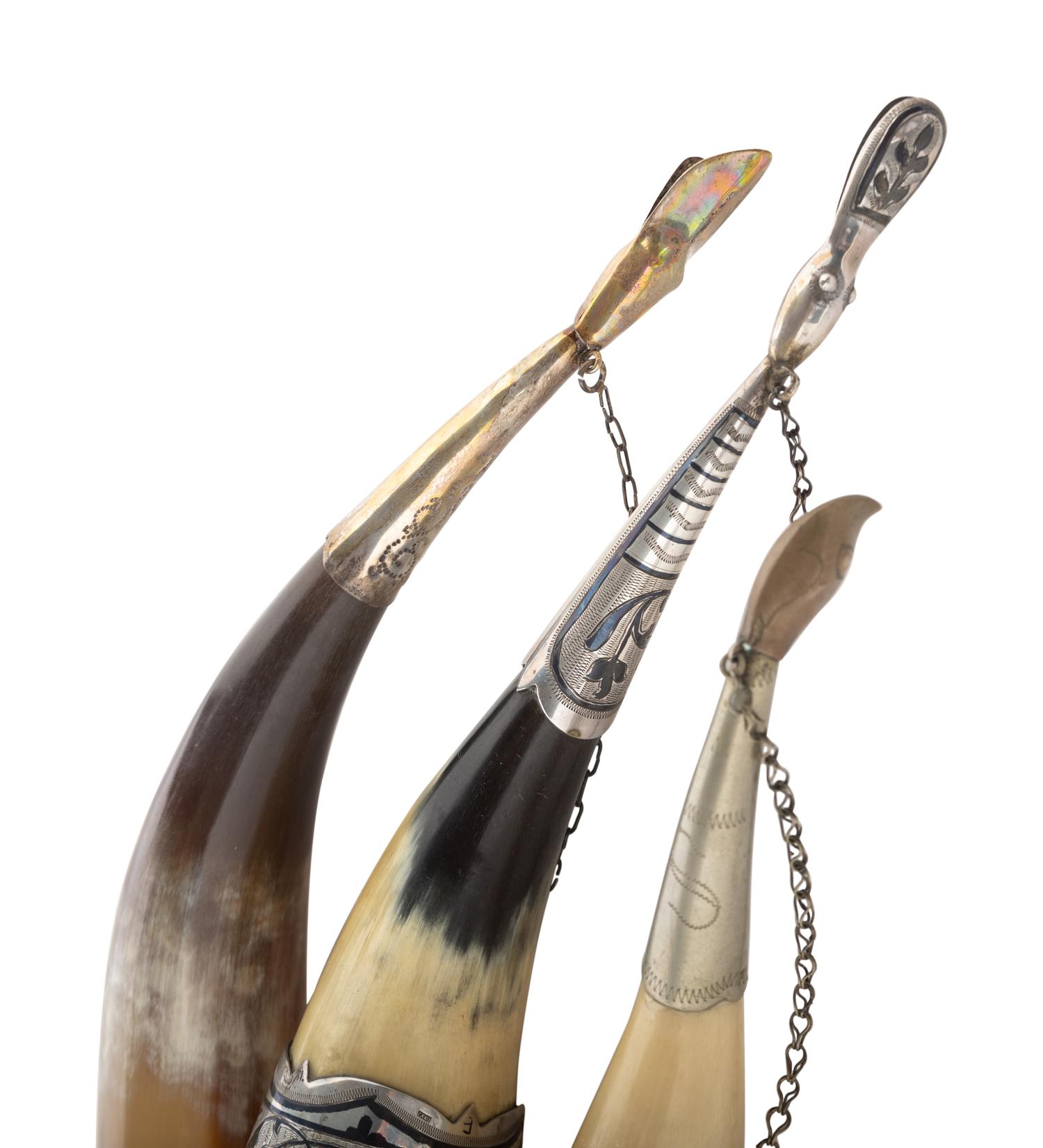 Three Russian Silver Mounted Drinking Horns