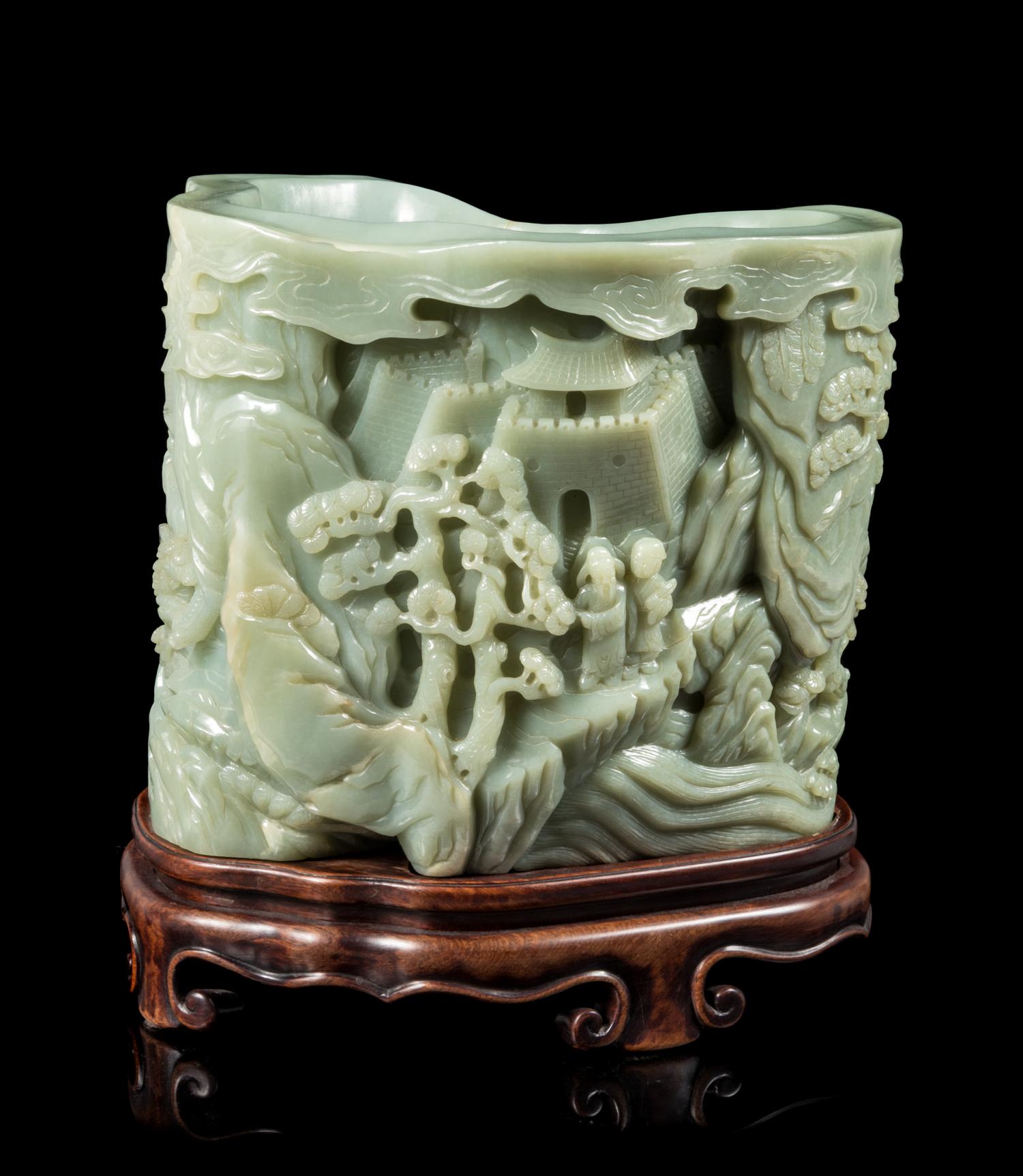 A Large Chinese Carved Celadon Jade Brushpot, Bitong