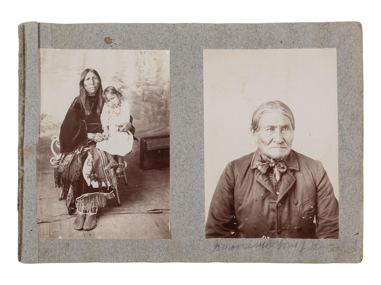 [NATIVE AMERICANS]. Album containing 25 photographs of Native American subjects from Indian Territory, incl. 2 images of Geronimo and works by Lenny & Sawyer and Will Soule.
