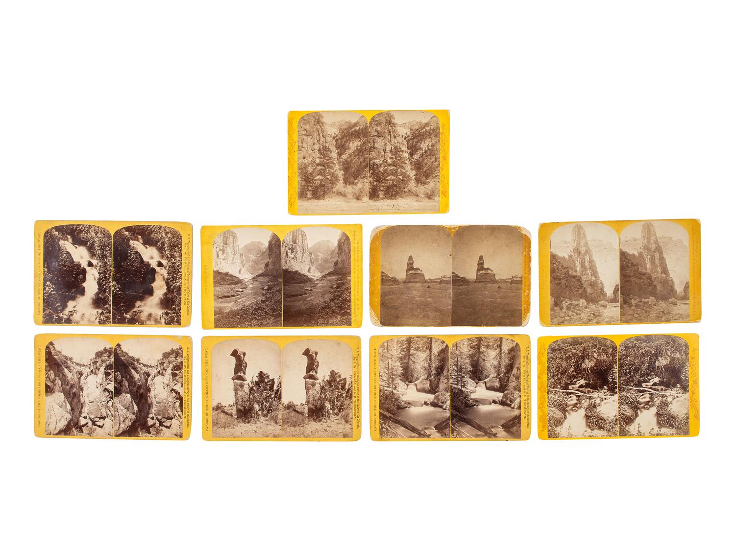 [WESTERN AMERICANA]. HILLERS, John K., and FENNIMORE, J., photographers. A group of 23 Powell & Thompson stereoviews of the Grand Canyon region, featuring images of crew members, boats, and the photographer's dark tent.
