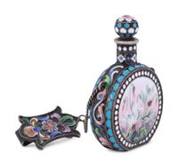 A Russian Enameled Silver Scent Flask and Clip