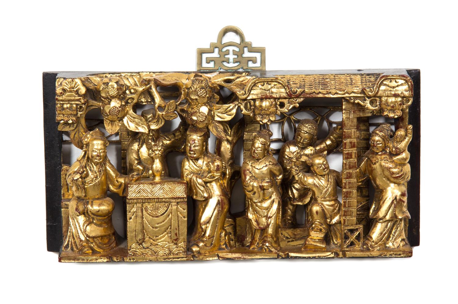 A Group of Five Pierce Carved Giltwood Panels Height of tallest 35 1/2 x width 7 1/4 x depth 3 1/2 inches.