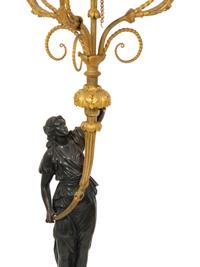 A Pair of French Patinated and Gilt Bronze Figural Three-Light Candelabra