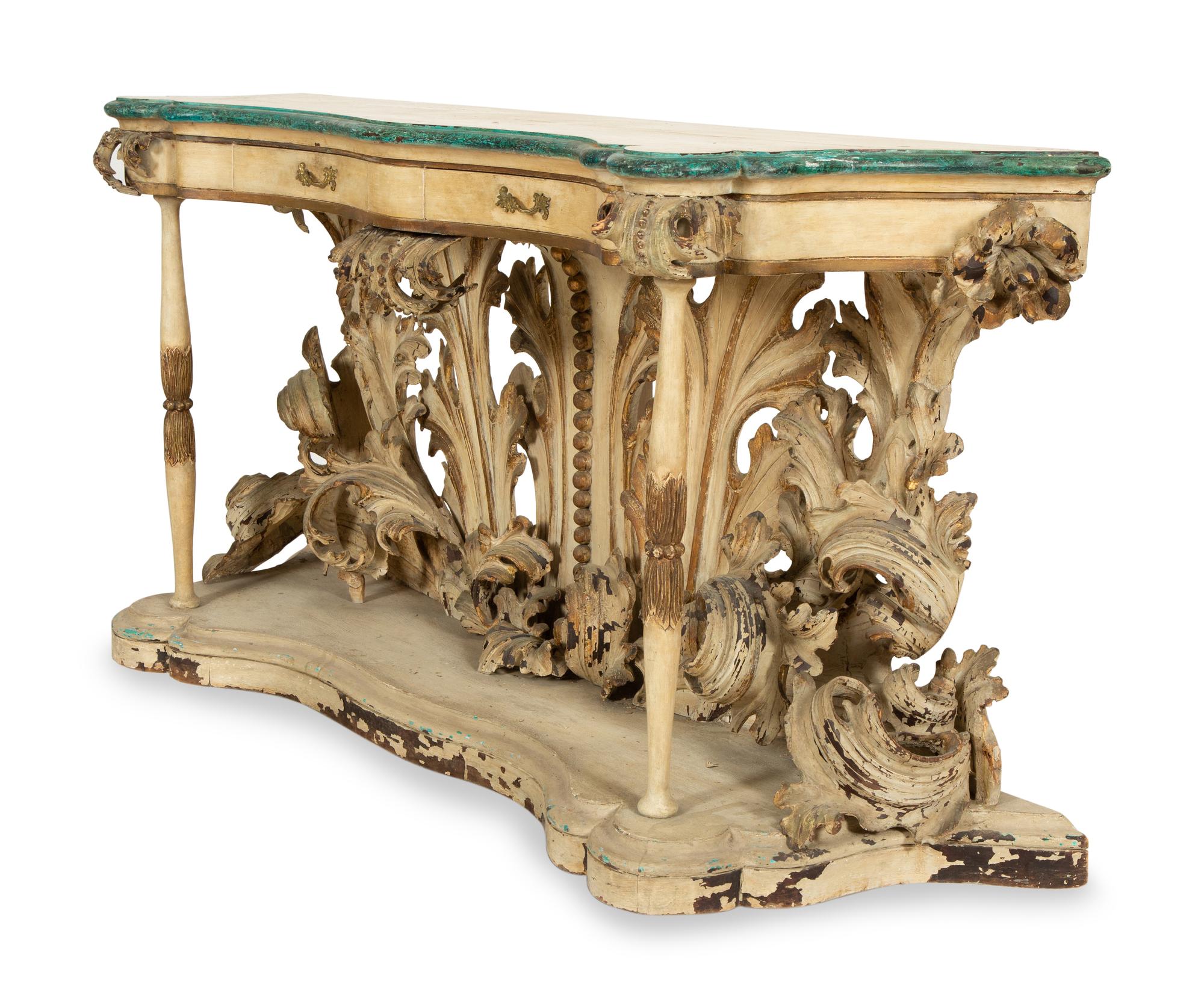 An Italian Cream and Green-Painted and Parcel Gilt Console Table