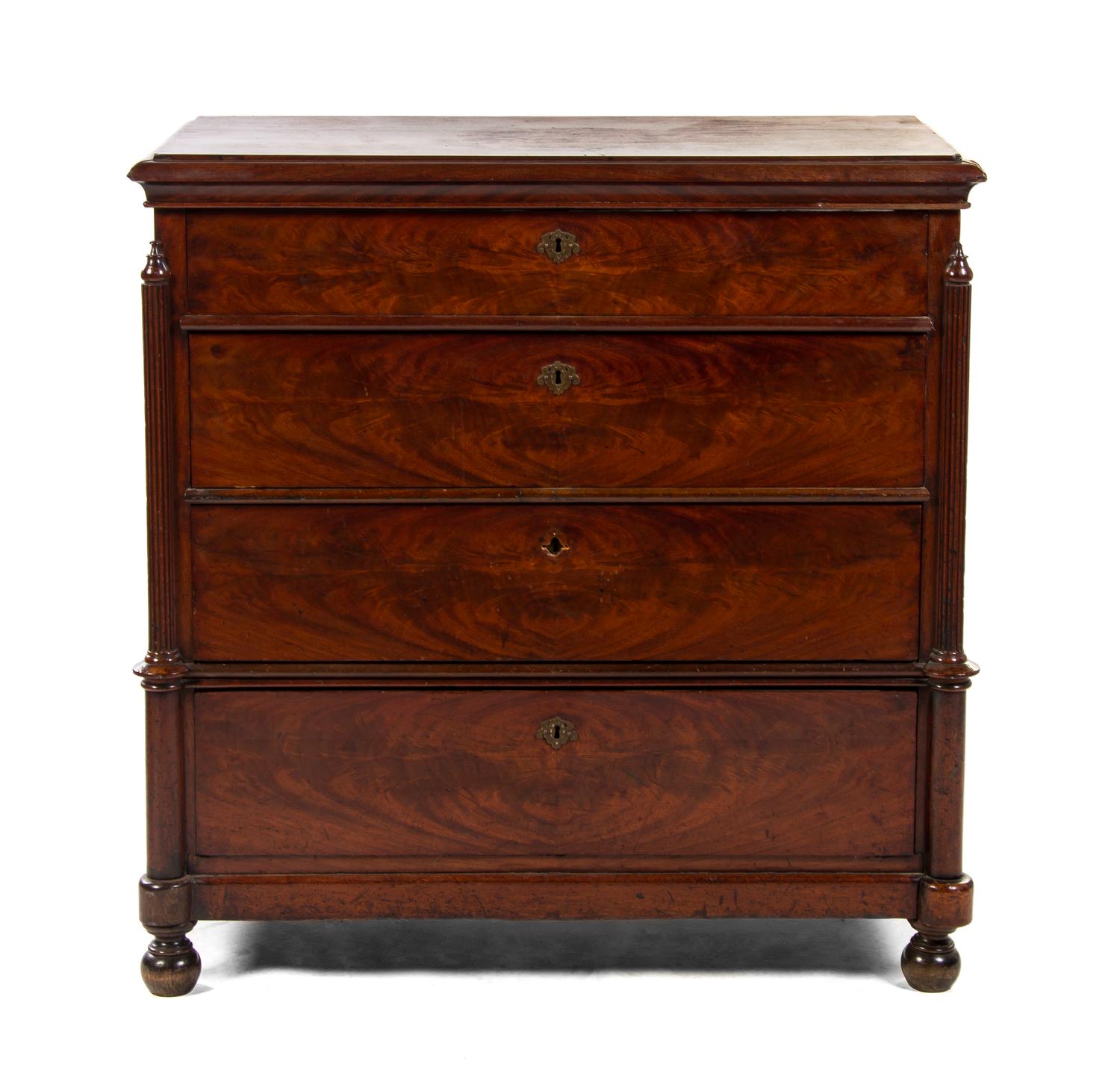 An Empire Mahogany Chest of Drawers, Height 38 x width 37 x depth 19 1/4 inches.