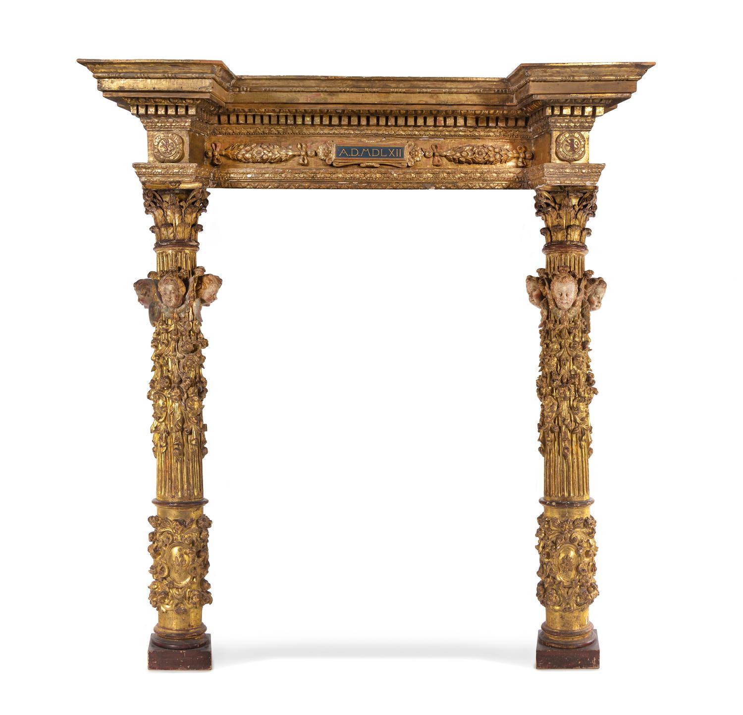 A French Baroque Carved Giltwood Pediment and Two Columns — MID 16TH CENTURY