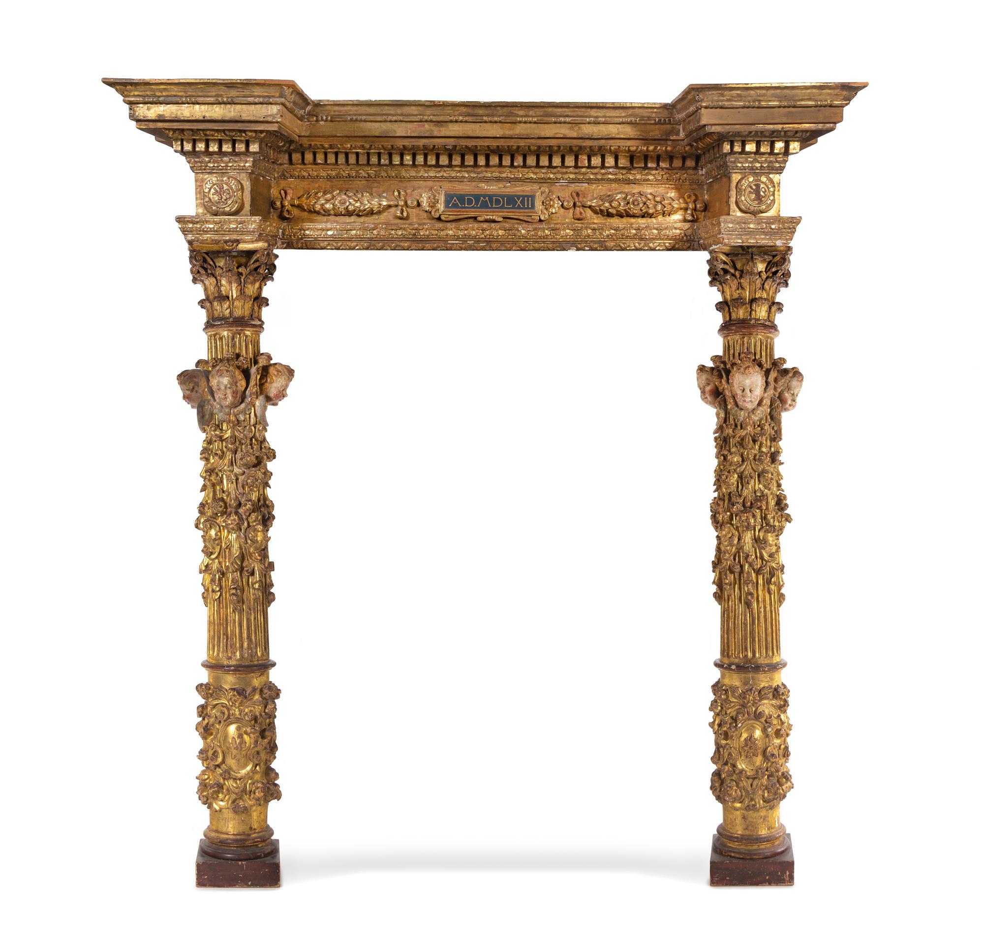 A French Baroque Carved Giltwood Pediment and Two Columns — MID 16TH CENTURY