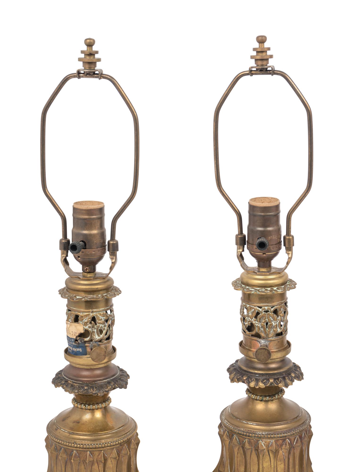 Two Pairs of French Gilt Metal Fluid Lamps Converted to Electricity