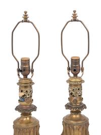 Two Pairs of French Gilt Metal Fluid Lamps Converted to Electricity