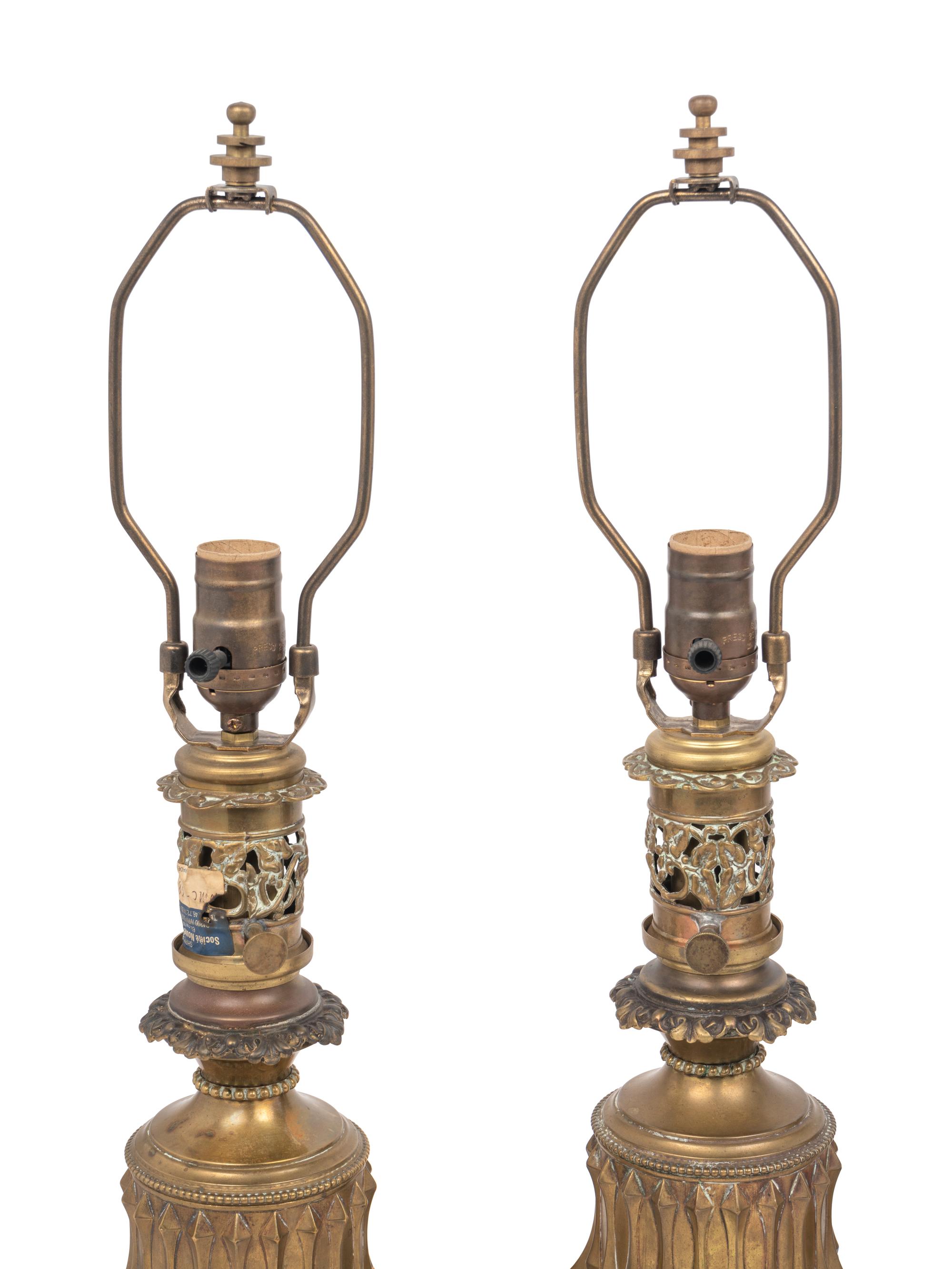 Two Pairs of French Gilt Metal Fluid Lamps Converted to Electricity