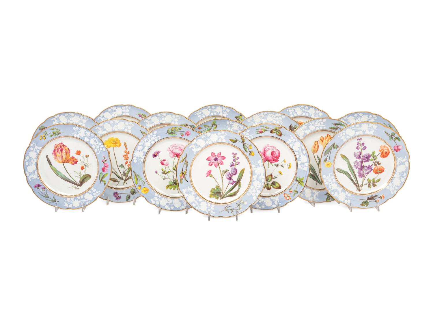 A Spode Pale Blue-Ground Botanical Porcelain Dessert Service