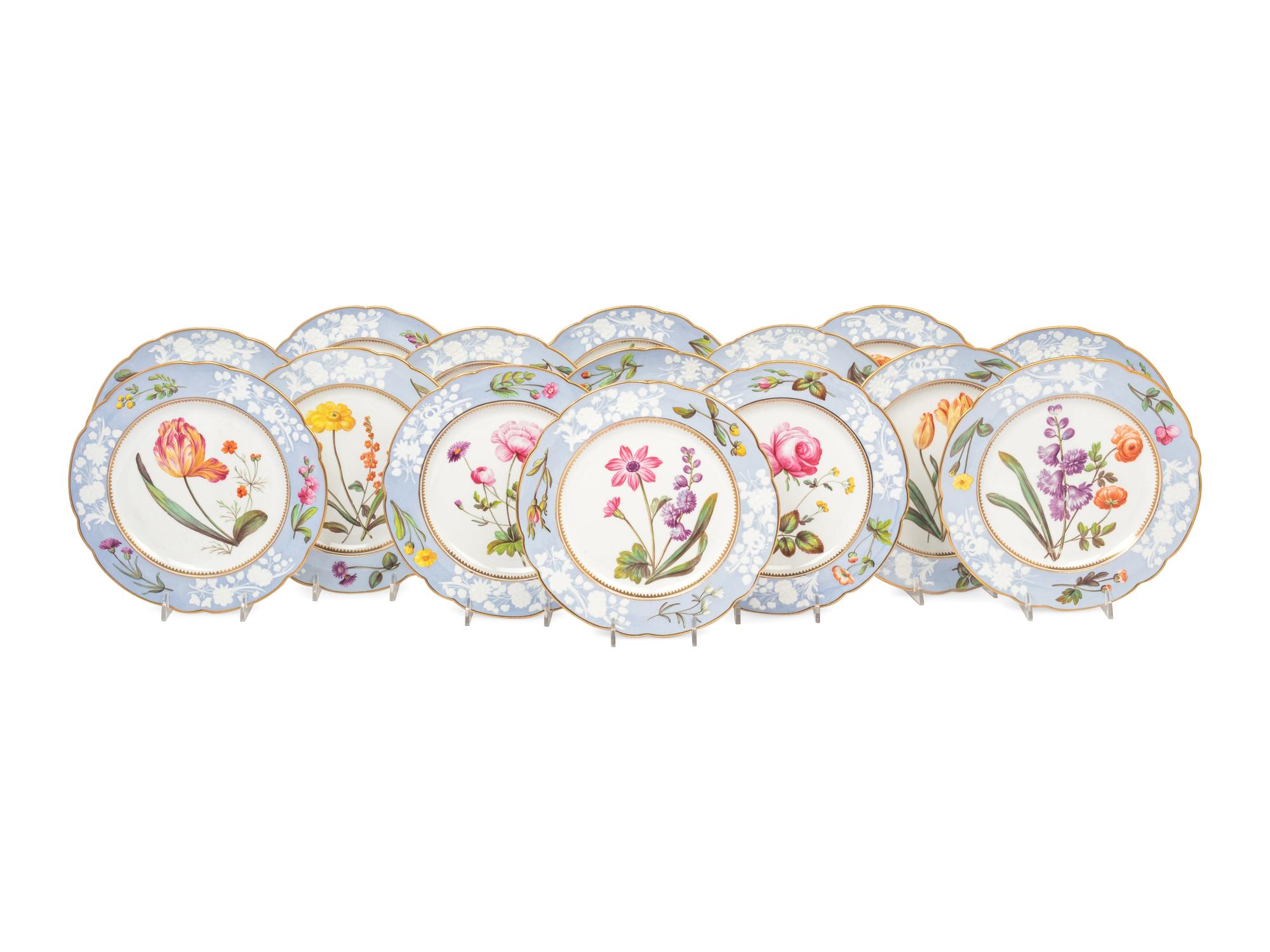 A Spode Pale Blue-Ground Botanical Porcelain Dessert Service