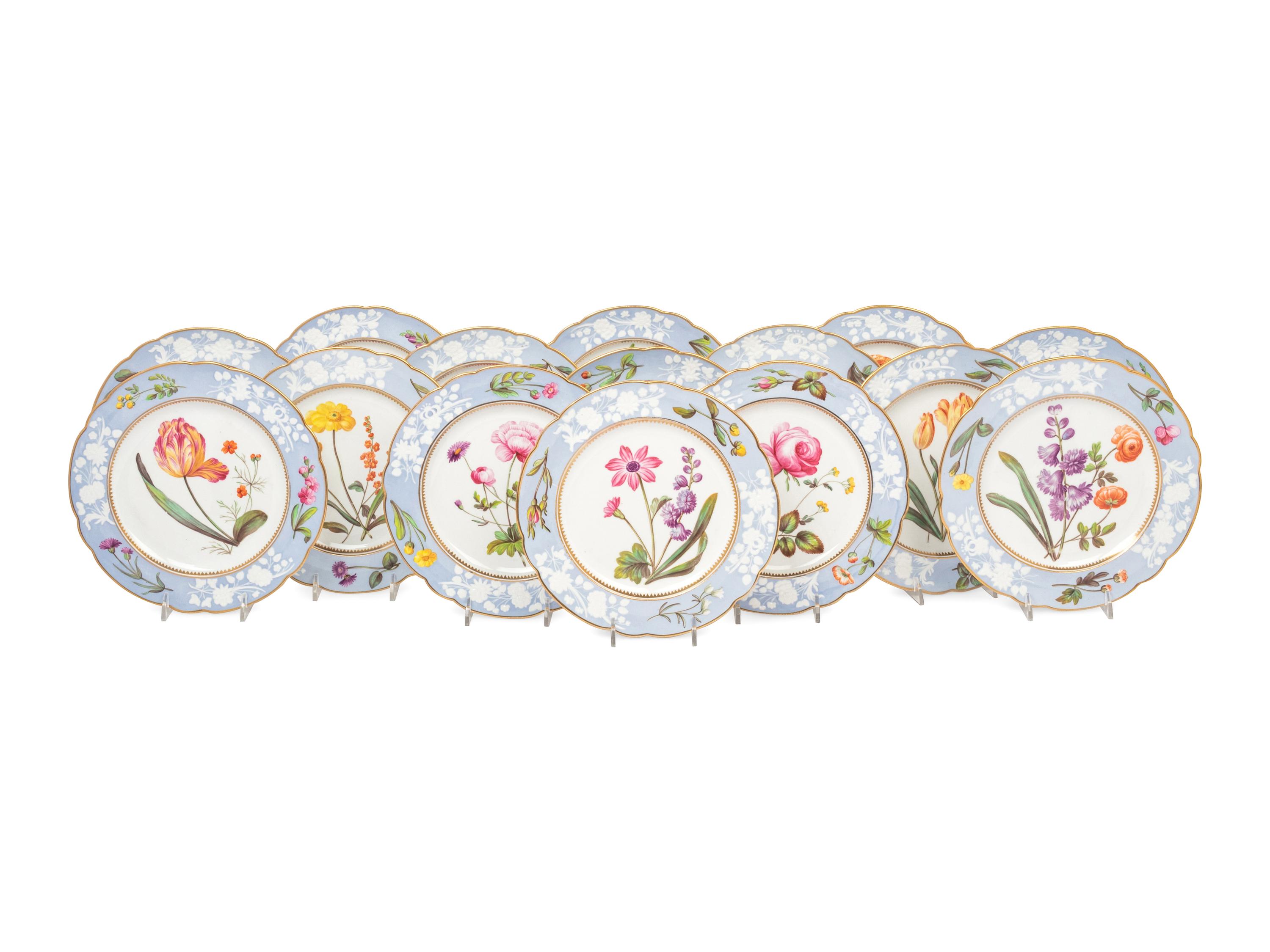 A Spode Pale Blue-Ground Botanical Porcelain Dessert Service